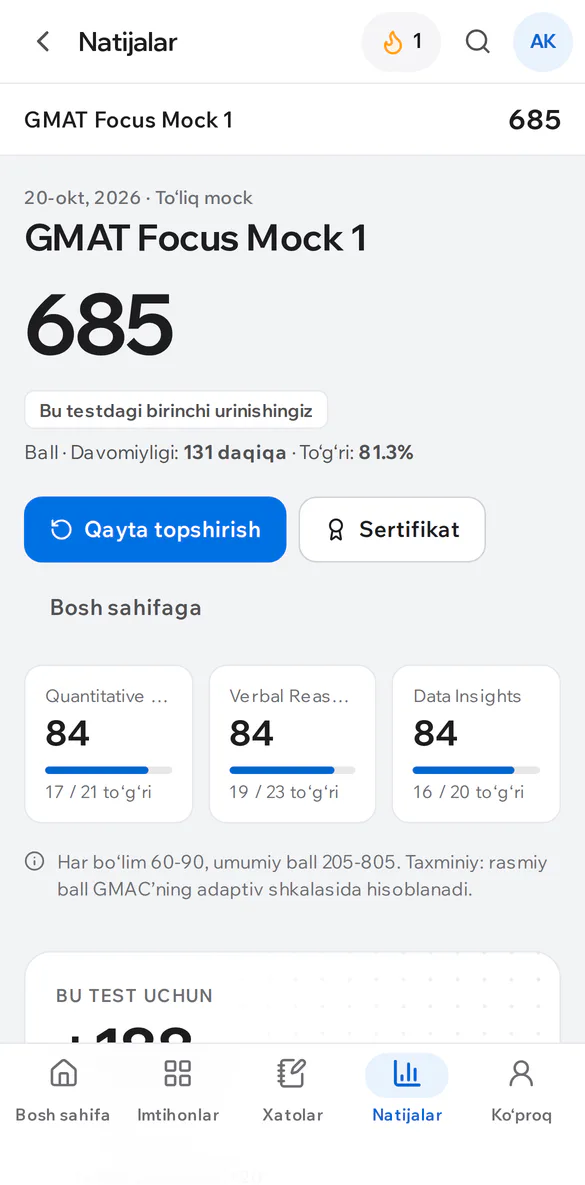 Telefonda IELTS natijasi: umumiy band va bo‘limlar bo‘yicha ball