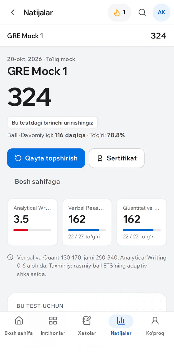 Telefonda IELTS natijasi: umumiy band va bo‘limlar bo‘yicha ball