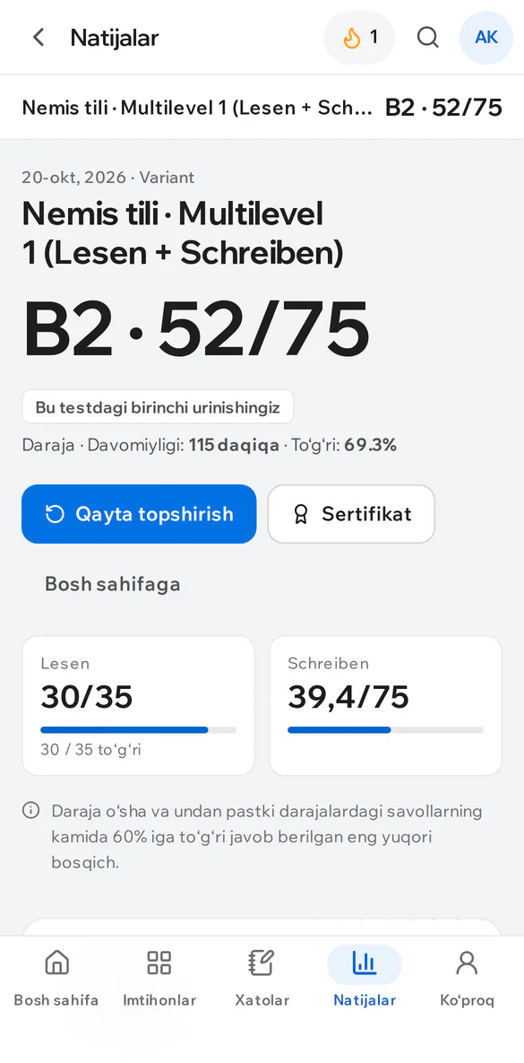 Telefonda IELTS natijasi: umumiy band va bo‘limlar bo‘yicha ball