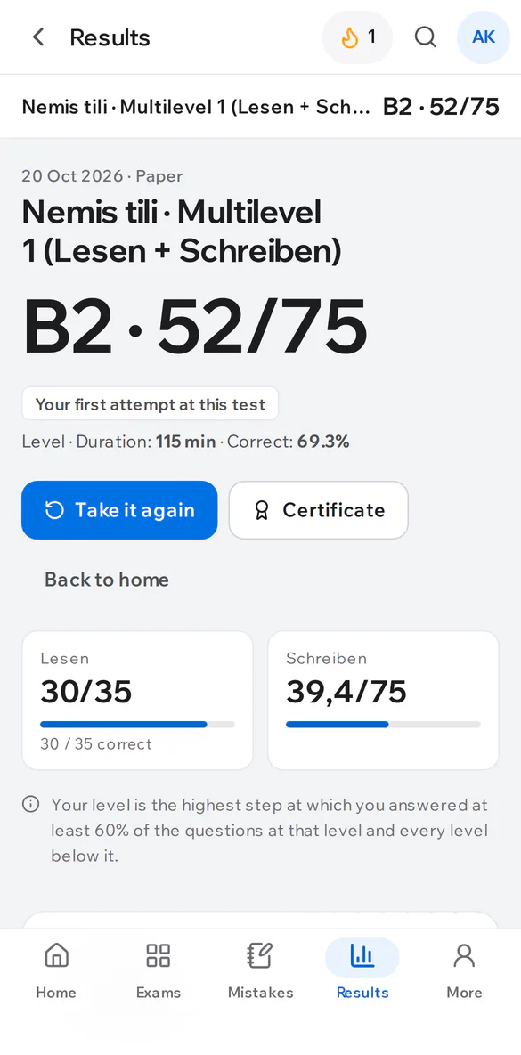 An IELTS result on a phone: overall band and section scores