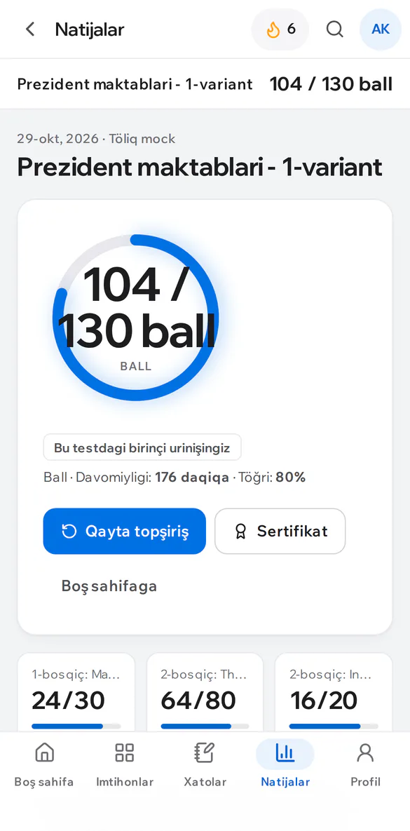 Telefonda IELTS natijasi: umumiy band va bölimlar böyiça ball