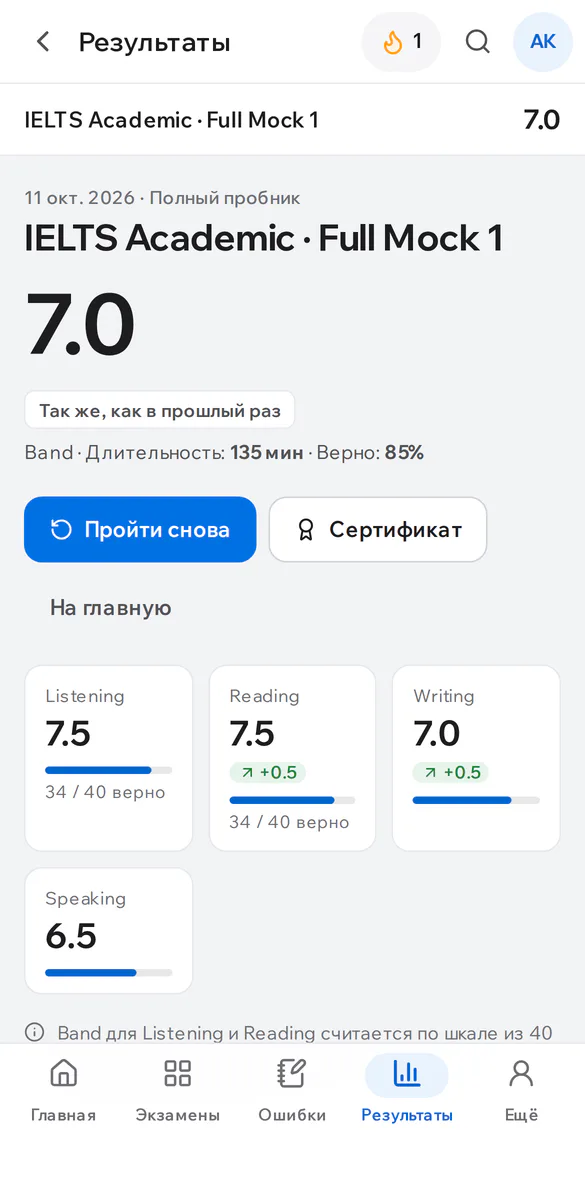 Результат IELTS на телефоне: общий балл и баллы по секциям