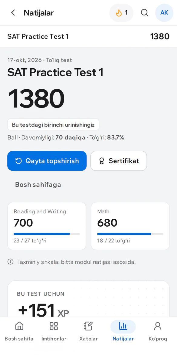 Telefonda IELTS natijasi: umumiy band va bo‘limlar bo‘yicha ball