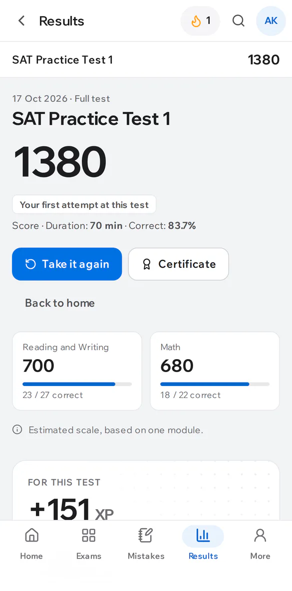 An IELTS result on a phone: overall band and section scores