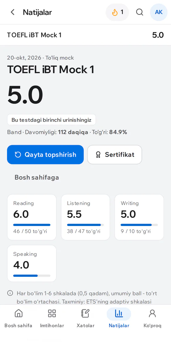 Telefonda IELTS natijasi: umumiy band va bo‘limlar bo‘yicha ball