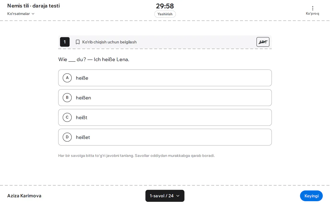 Nemis tili daraja testi
