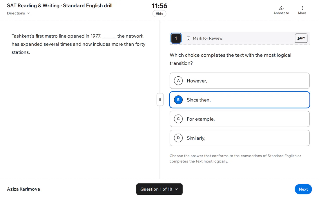 An SAT Reading & Writing question with an answer selected