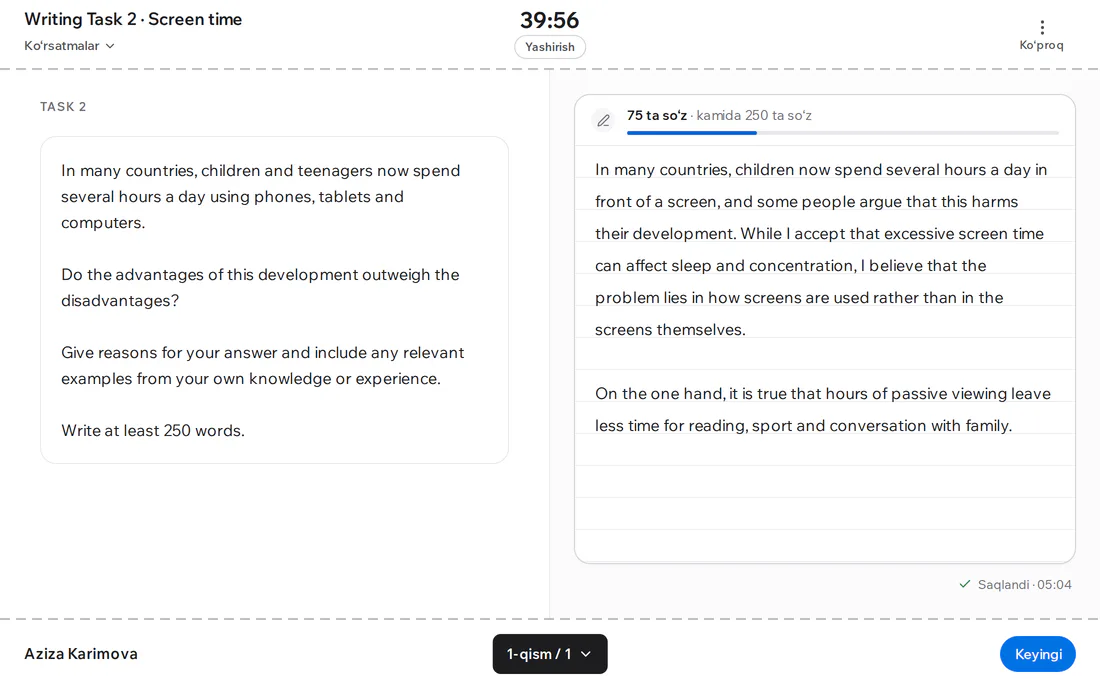 IELTS Writing Task 2: savol, matn maydoni va so‘zlar hisoblagichi